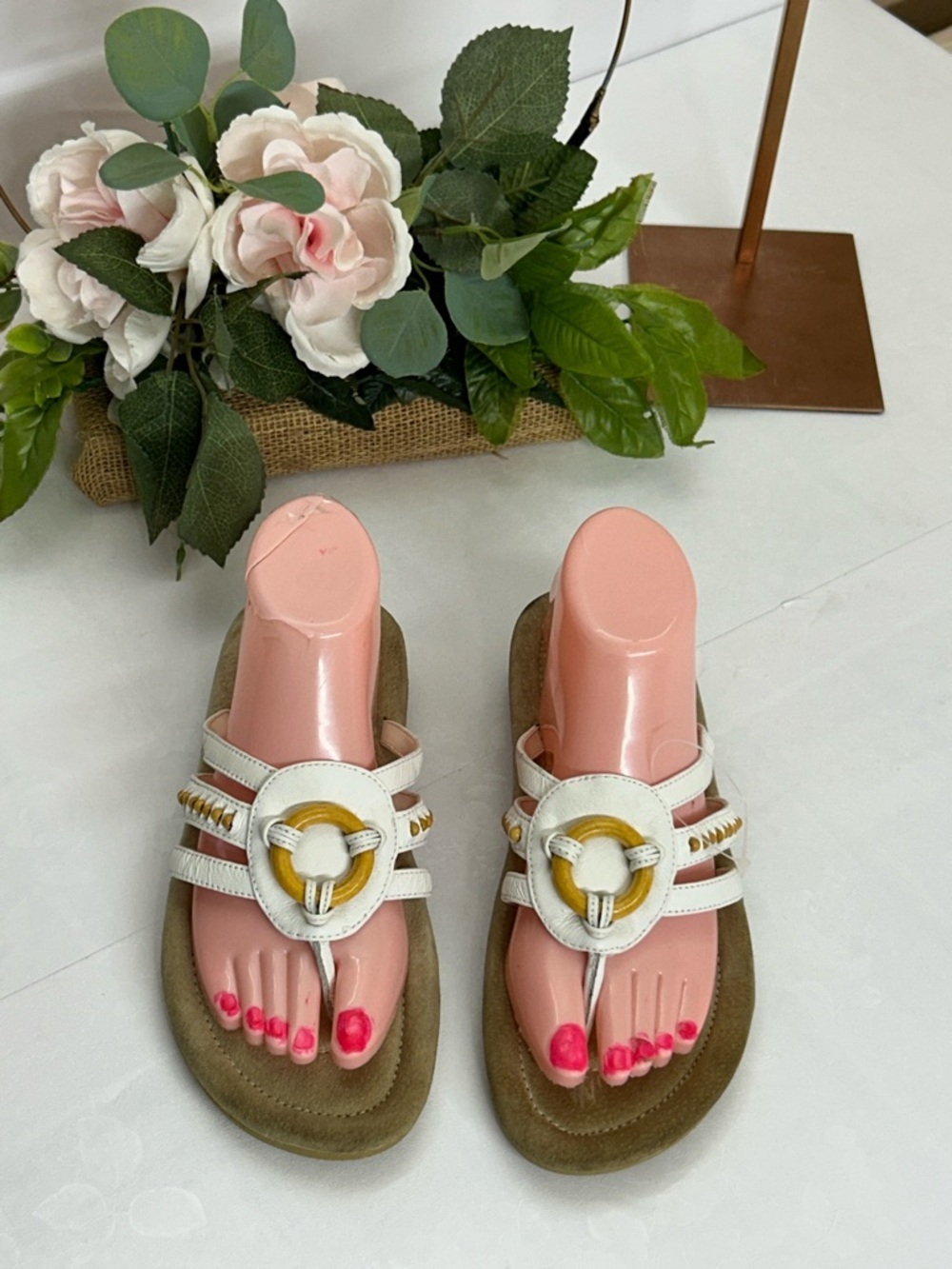 Women's White Thong Sandals with Gold Accent